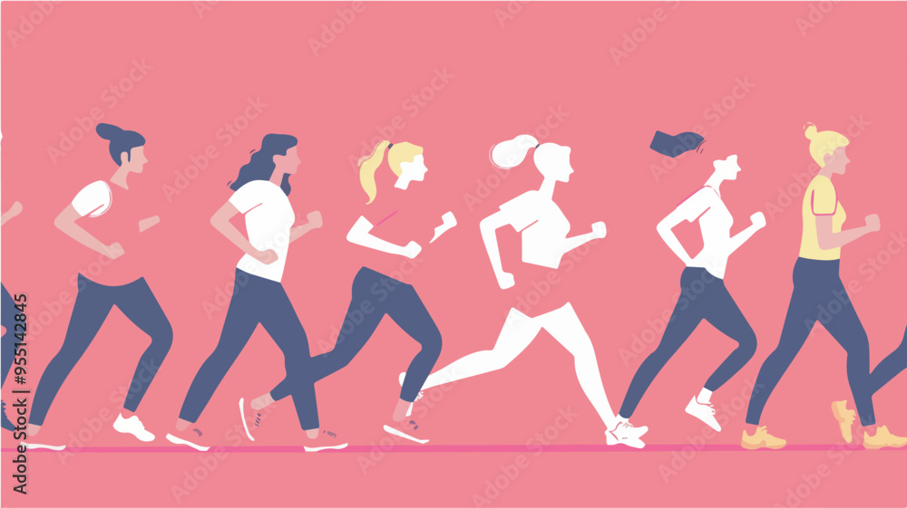 Group Of Women Running Marathon Together On Pink Background Concept For International Womens Day Sport Competition Healthy Lifestyle Fitness Group Of Women Running Marathon Together On Pink Background Concept For International Womens Day Sport Competition Healthy Lifestyle Fitness