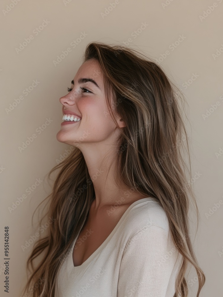 smiling woman with long hair standing against a plain warmth background smiling woman with long hair standing against a plain warmth background