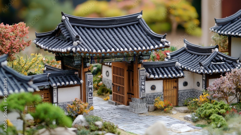 A scale model home with an intricately designed Korean entrance gate A scale model home with an intricately designed Korean entrance gate
