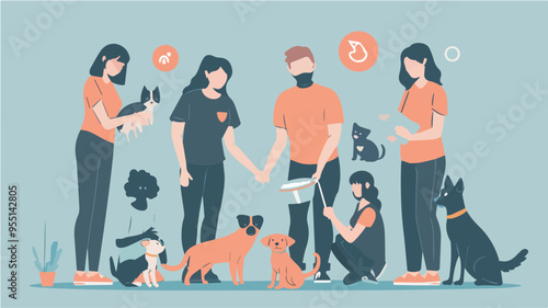 Group of people volunteering at animal shelter pet adoption concept volunteers taking care of cats and dogs in animal shelter donating food playing walking and training them new owners for homeless