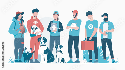 Group Of Volunteers With Dogs Animal Rescue Pet Adoption Concept Men And Women Holding Homeless Dogs From Shelter Volunteering Charity And Animal Care Illustration In Flat StyleWithout Background