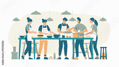 Group friends cooking preparing food together culinary workshop master class teamwork concept kitchen illustration diverse people team modern flat style isolated background