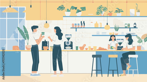 Young people cooking together in modern kitchen interior design flat vector illustration cooking show concept men and women preparing food at home cartoon characters preparing meal together