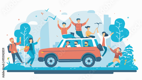 Group of friends going on road trip happy young people traveling by car summer vacation holiday leisure activity concept isolated horizontal full length vector illustration