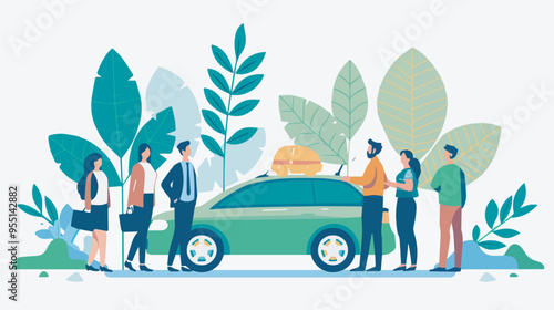 Group of people carpooling together modern flat design illustration concept for sustainable lifestyle eco friendly transport commuting to work sharing ride service colleagues going to office by car