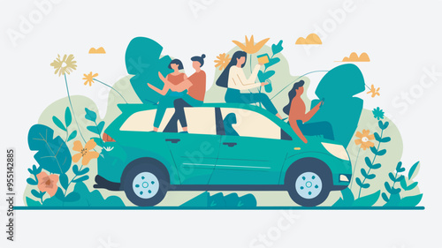 Group friends sitting car roof surrounded flowers nature travel journey road trip summer vacation holiday friendship concept illustration background