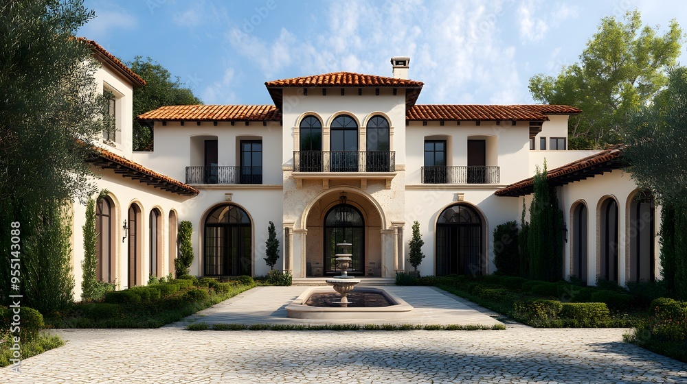 Naklejka premium Mediterranean-style villa blueprint featuring terracotta roof tiles, arched doorways, and a central courtyard with a fountain