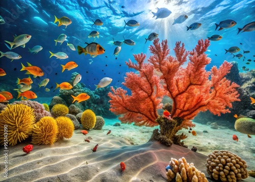 Vibrant coral fragments scattered across a sandy ocean floor, with delicate sea fans and schools of small fish swimming in the crystal-clear turquoise water. photo