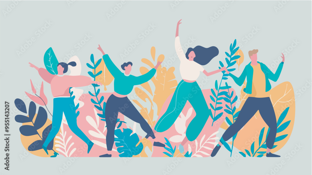 Happy people dancing with leaves joyful illustration friendship happiness fun lifestyle party dancing celebration young group cheerful abstract people floral plant nature summer spring creative Happy people dancing with leaves joyful illustration friendship happiness fun lifestyle party dancing celebration young group cheerful abstract people floral plant nature summer spring creative