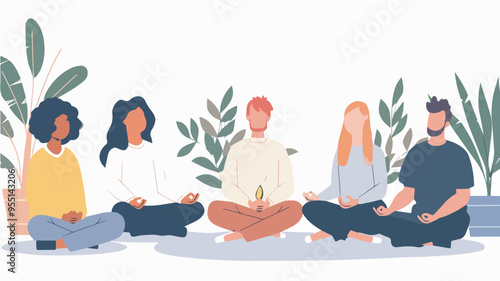 Group meditation men and women meditating together in lotus pose mindfulness stress relief concept peaceful people sitting with crossed legs wellness practice healthy lifestyle flat vector