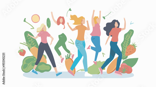 Group of happy women celebrating healthy lifestyle with vegetables and fruits nutrition diet healthy eating concept vegetarianism vitamins healthy food