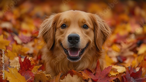 Joyful Golden Retriever Playing in Vibrant Autumn Leaves - Seasonal Pet Fun in Nature