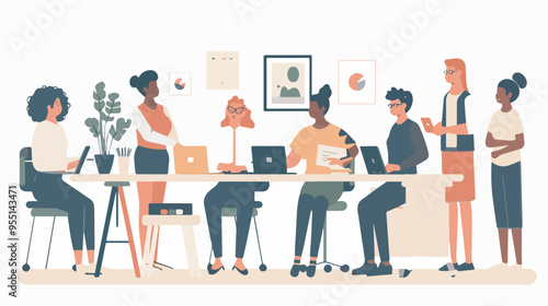 Diverse team working together in office meeting coworkers collaborating on project business people teamwork communication concept flat vector illustration isolated on white background