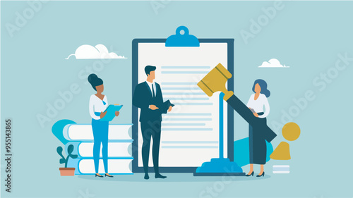 Legal Agreement Business Deal Contract Law Litigation Justice Lawyer Advocate Auction Bidding Courtroom Courthouse Businesspeople Negotiating Signing Legal Document Illustration