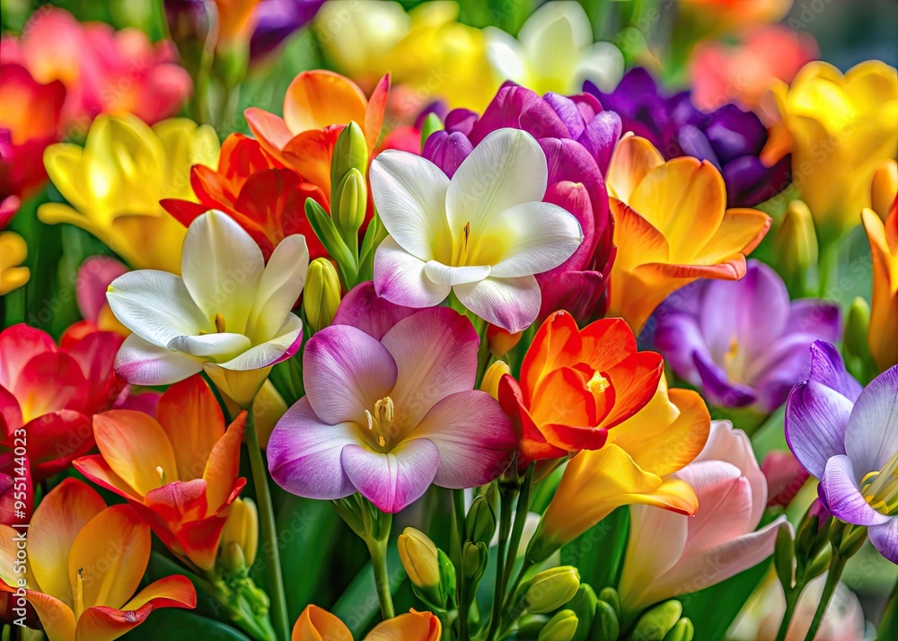 Vibrant, Fragrant Freesia Blooms In Full Splendor, Their Delicate Petals Unfurling In A Captivating Display Of Springtime Beauty. Vibrant, Fragrant Freesia Blooms In Full Splendor, Their Delicate Petals Unfurling In A Captivating Display Of Springtime Beauty.