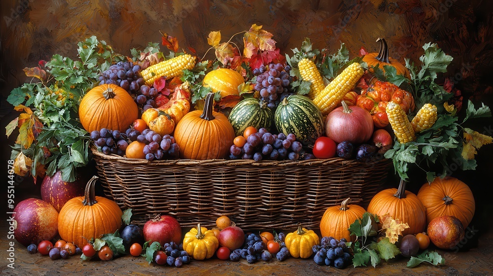 Abundant Autumn Harvest: Basket with Pumpkins, Squash, and Corn on Rustic Background Abundant Autumn Harvest: Basket with Pumpkins, Squash, and Corn on Rustic Background