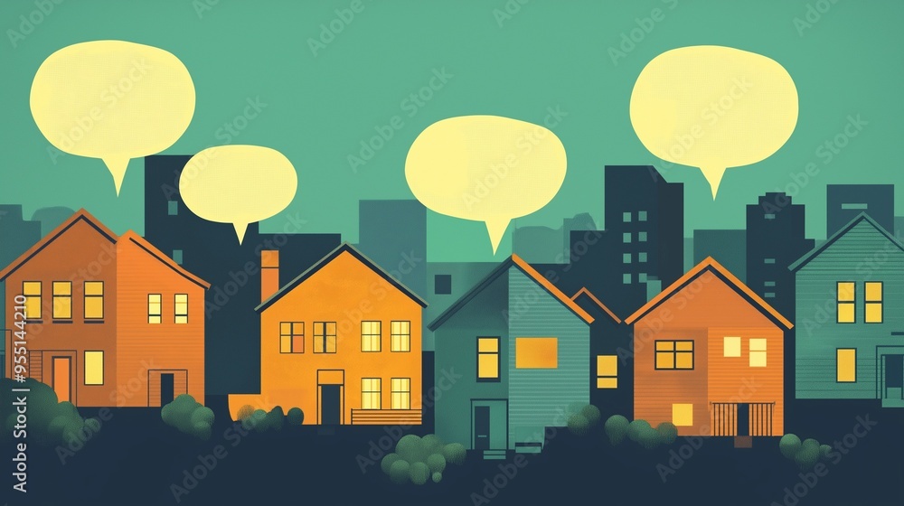 A miniature house with colorful houses and speech bubbles.
A miniature house with colorful houses and speech bubbles.