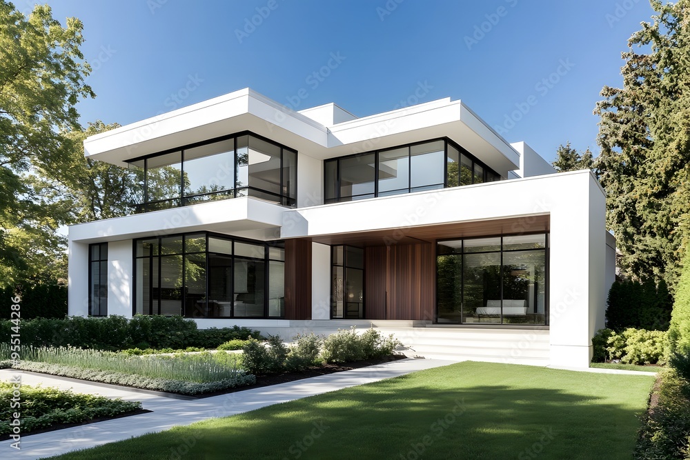 Modern minimalist house exterior with clean, sharp lines, featuring a flat roof, large floor-to-ceiling windows, and a sleek, white stucco facade
Modern minimalist house exterior with clean, sharp lines, featuring a flat roof, large floor-to-ceiling windows, and a sleek, white stucco facade
