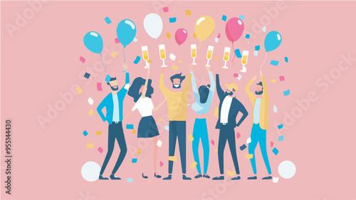 Group of happy people celebrating with champagne glasses and balloons party celebration festive cheerful holiday event friends enjoyment happiness fun confetti pink background illustrationimage