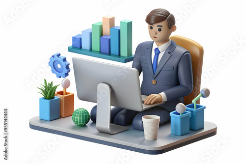 3D AI Powered Financial Analysis Concept: A Modern Financial Analyst Engaging in Precision Data Analysis on Isolated White Background