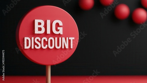 Promotional red sign highlighting a significant discount, perfect for marketing and retail visual content. photo