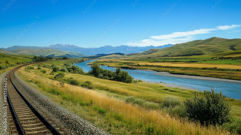A scenic view from a train window, capturing rolling green hills, distant mountains, and a river running parallel to the tracks, under a clear blue sky. A scenic view from a train window, capturing rolling green hills, distant mountains, and a river running parallel to the tracks, under a clear blue sky.