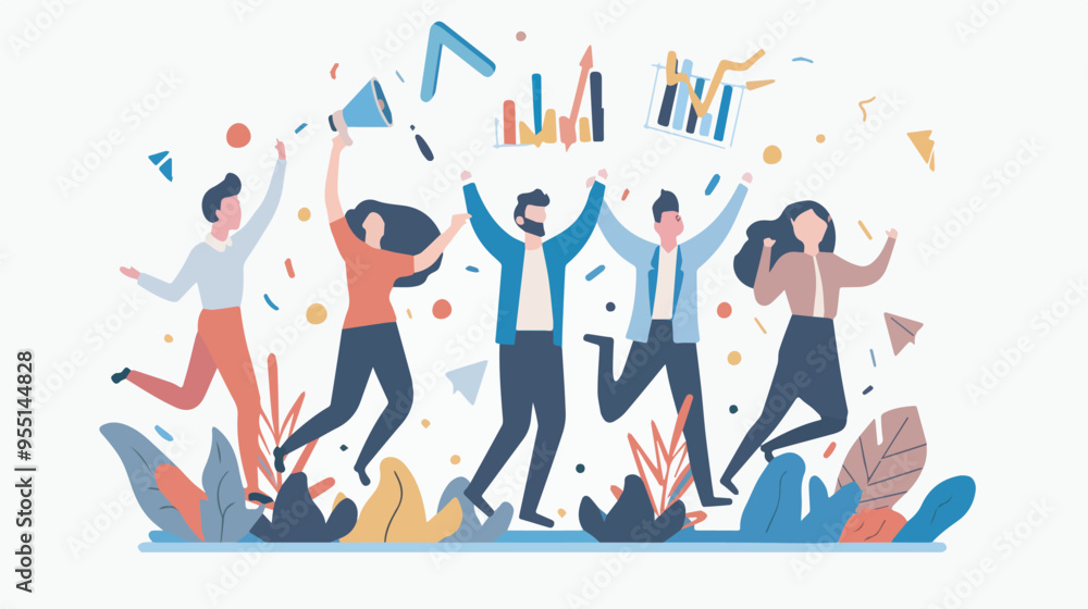 Business success teamwork concept happy office workers celebrating victory jumping rejoicing triumph achievement career growth leadership winning banner illustration Business success teamwork concept happy office workers celebrating victory jumping rejoicing triumph achievement career growth leadership winning banner illustration