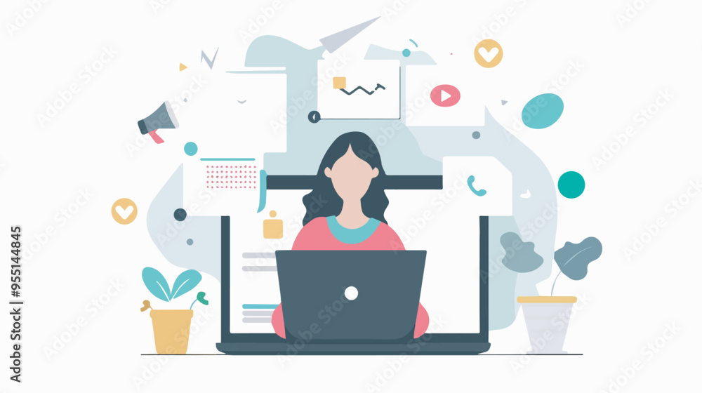 Woman working remotely at laptop surrounded by marketing and communication icons work from home freelance digital nomad social media marketing online business communication technologyillustration Woman working remotely at laptop surrounded by marketing and communication icons work from home freelance digital nomad social media marketing online business communication technologyillustration