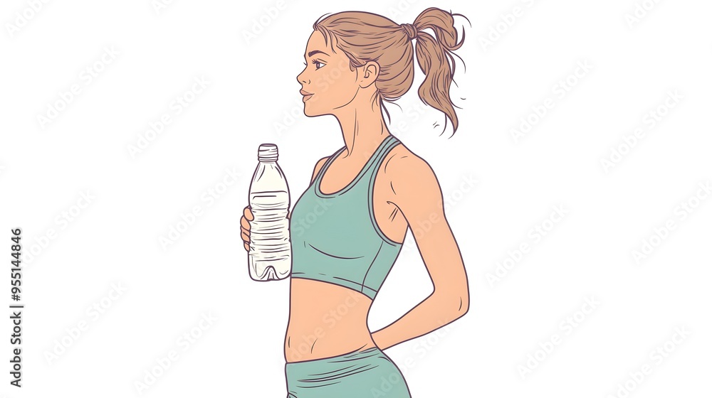 Drawing style, a woman in a green tank top holding a water bottle at waist level, against a white background, with simple lines, a vector illustration, and a flat design, doodle style Drawing style, a woman in a green tank top holding a water bottle at waist level, against a white background, with simple lines, a vector illustration, and a flat design, doodle style
