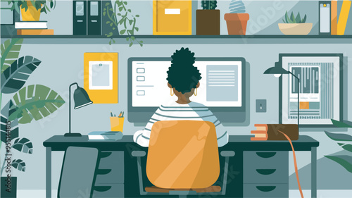Woman working from home office desk plants stationery computer screen back view illustration