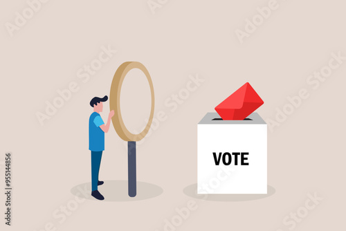 Man with magnifying glass looking for vote. concept of voting, electronic voting, electoral internet system