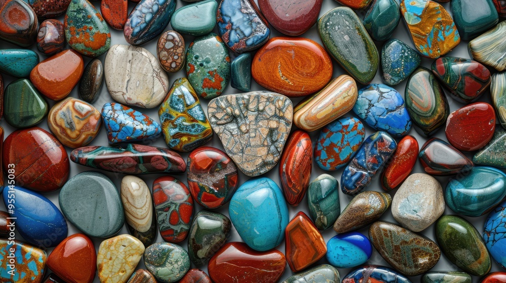 Colorful polished stones arranged on a flat surface. Colorful polished stones arranged on a flat surface.