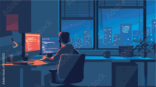 Programmer working late at night coding software with city skyline view from window remote work home office freelancer developer programming cyberpunk aesthetic coding digital nomad technology career