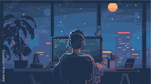 Programmer working late at night coding software development programming workaholic developer technology computer office night city view window dark desk freelance home workspace deadline project