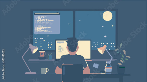 Programmer working late night coding software development office desk computer screen moonlit window workaholic deadline project technology freelance programming overtime concentration night shift