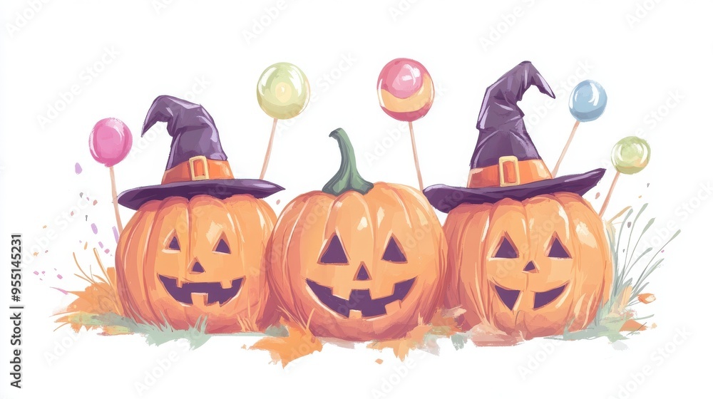 Fototapeta premium Playful Halloween pumpkins with witch hats and colorful lollipops, perfect for festive decorations or seasonal artwork.