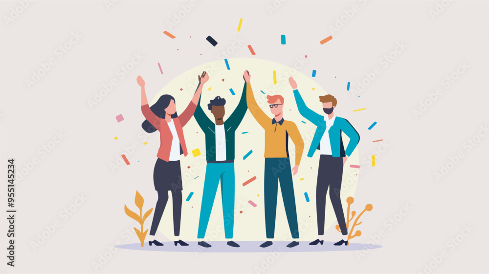 Diverse team celebrating success teamwork achievement happy business people group office worker winning concept confetti background illustrationno background Diverse team celebrating success teamwork achievement happy business people group office worker winning concept confetti background illustrationno background