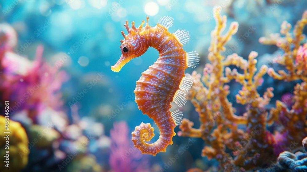 A seahorse clinging to a piece of coral during a gentle current, its body swaying slightly with the movement of the water, against a backdrop of vibrant marine life. A seahorse clinging to a piece of coral during a gentle current, its body swaying slightly with the movement of the water, against a backdrop of vibrant marine life.