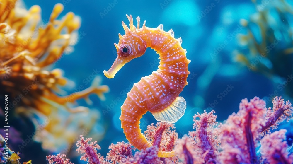 A seahorse clinging to a piece of coral during a gentle current, its body swaying slightly with the movement of the water, against a backdrop of vibrant marine life. A seahorse clinging to a piece of coral during a gentle current, its body swaying slightly with the movement of the water, against a backdrop of vibrant marine life.