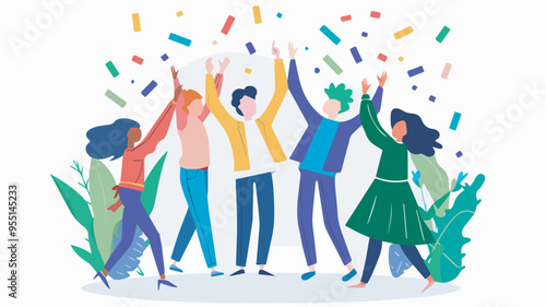Group of young happy people celebrating victory success achievement concept winning team coworkers colleagues throwing confetti raising hands celebrating success teamwork triumph goal achievement