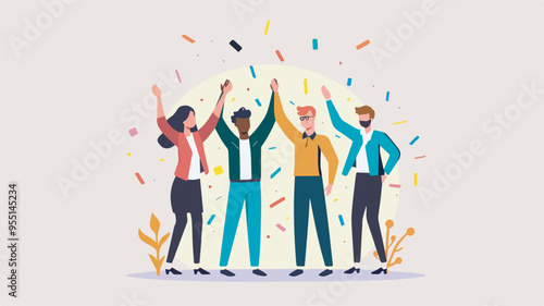 Diverse team celebrating success teamwork achievement happy business people group office worker winning concept confetti background illustrationno background