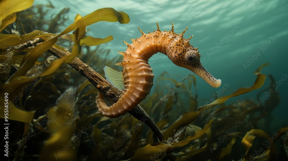 A seahorse entwined around a piece of driftwood, with its long snout pointing towards the camera, set against a backdrop of gently waving kelp. A seahorse entwined around a piece of driftwood, with its long snout pointing towards the camera, set against a backdrop of gently waving kelp.