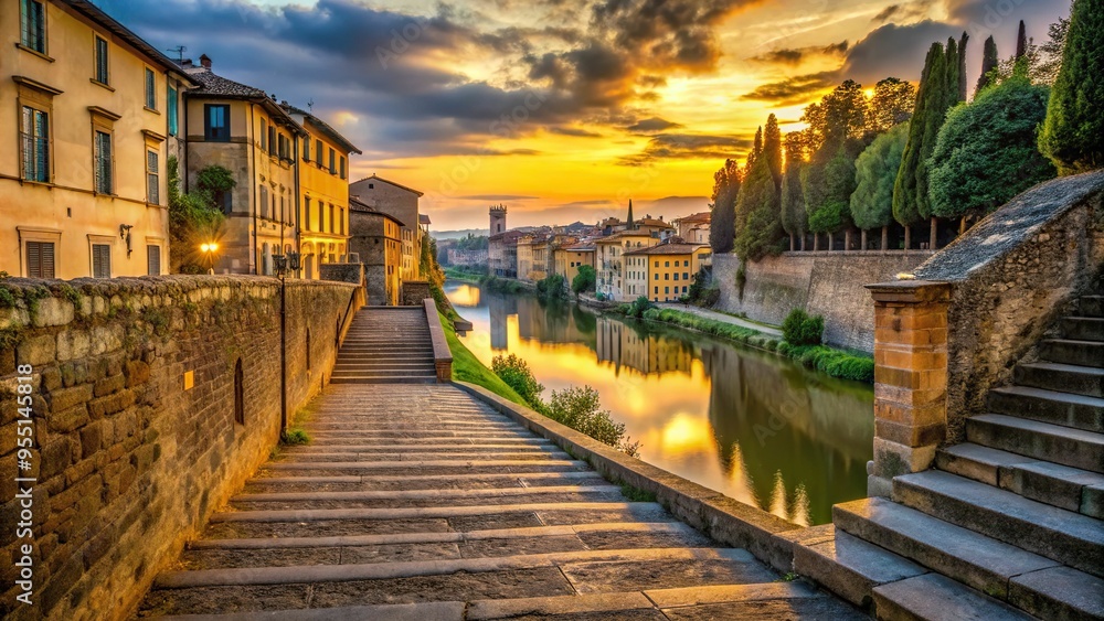 Steps leading down to the Arno River, ancient stone walls, and Sienna's medieval architecture, soft golden light, quiet solitude, a realistic photo image. Steps leading down to the Arno River, ancient stone walls, and Sienna's medieval architecture, soft golden light, quiet solitude, a realistic photo image.