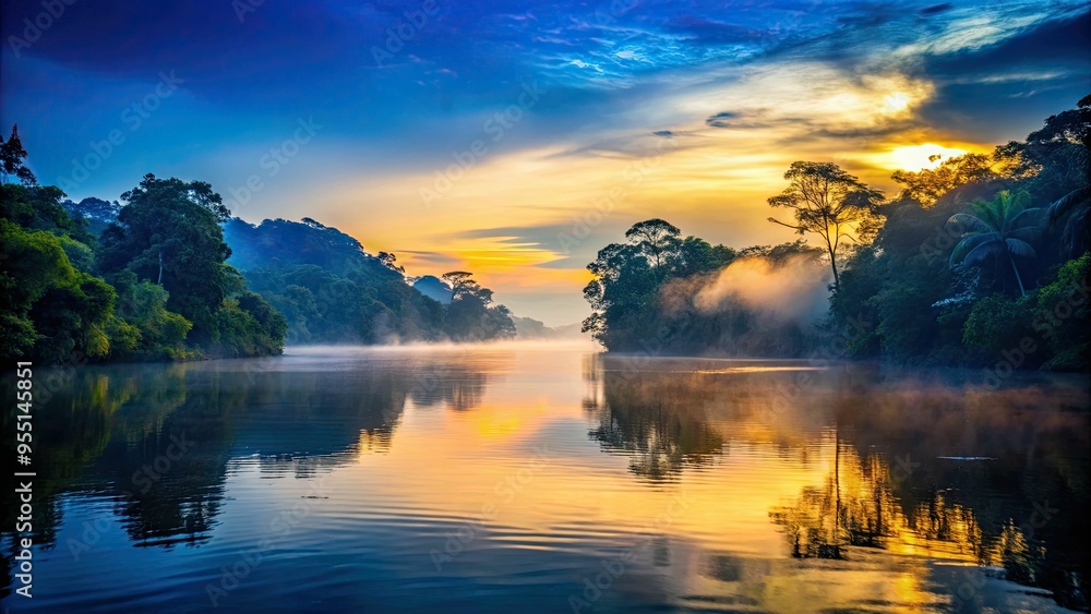 A serene morning scene of a tranquil Bright Navy Blue Amazon river at dawn, misty fog hovering above the water, warm golden light illuminating the atmosphere, a realistic photo image. A serene morning scene of a tranquil Bright Navy Blue Amazon river at dawn, misty fog hovering above the water, warm golden light illuminating the atmosphere, a realistic photo image.