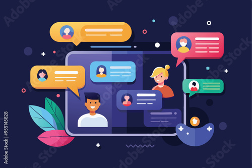 Illustration of an online messenger interface featuring people interacting through chat bubbles, symbolizing social media communication.