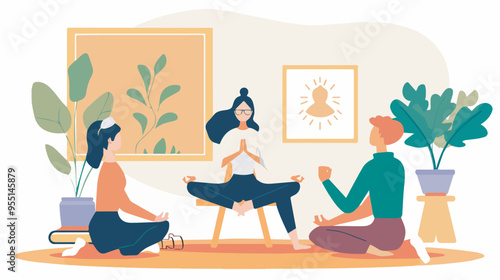 Group meditation friends practicing yoga exercise cartoon illustration wellbeing healthy lifestyle mindfulness exercise lotus position at homeimage