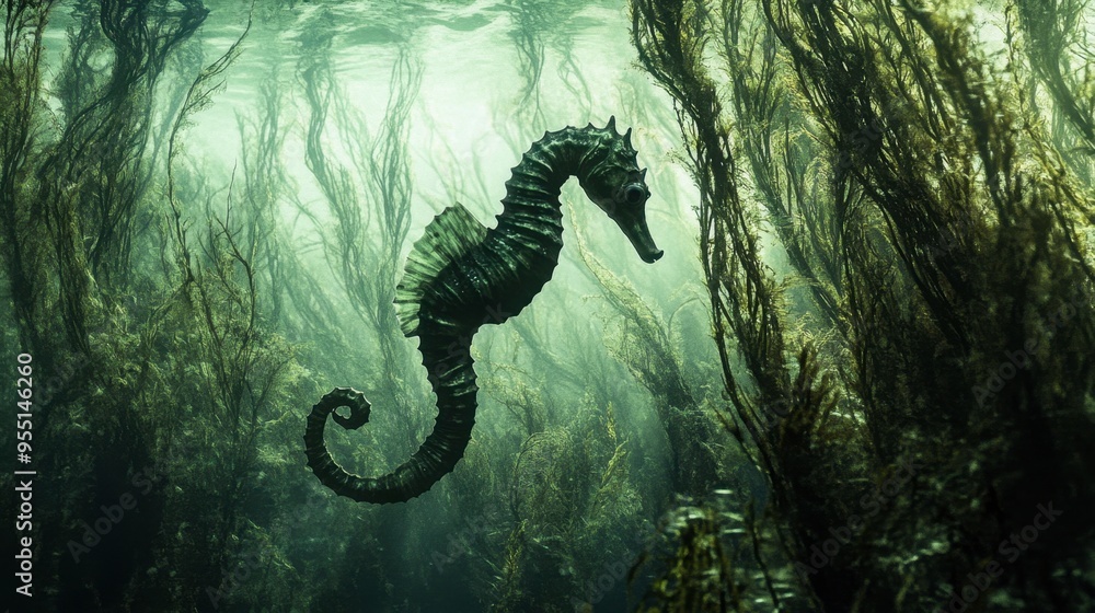 A seahorse swimming through a dense forest of seaweed, its body blending in perfectly with the long, flowing strands of underwater vegetation.