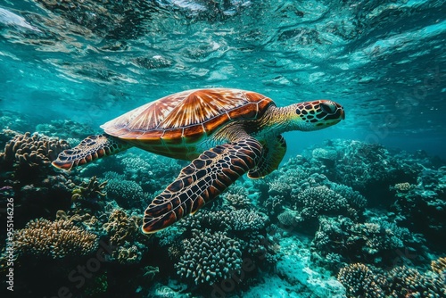 Sea Turtle Swimming Through Coral Reef