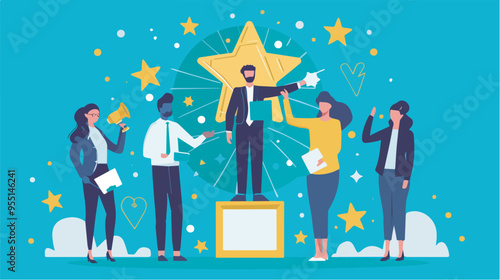 Businessman on a pedestal receiving recognition from colleagues success celebration achievement appreciation concept award ceremony winning team leader hero employee of the month best worker