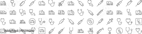 Medicine Related Outline Symbol Set. Contains Icons of Ambulance, Stethoscope, Syringe for Banners, Infographics, Books, Articles and Other Types of Design